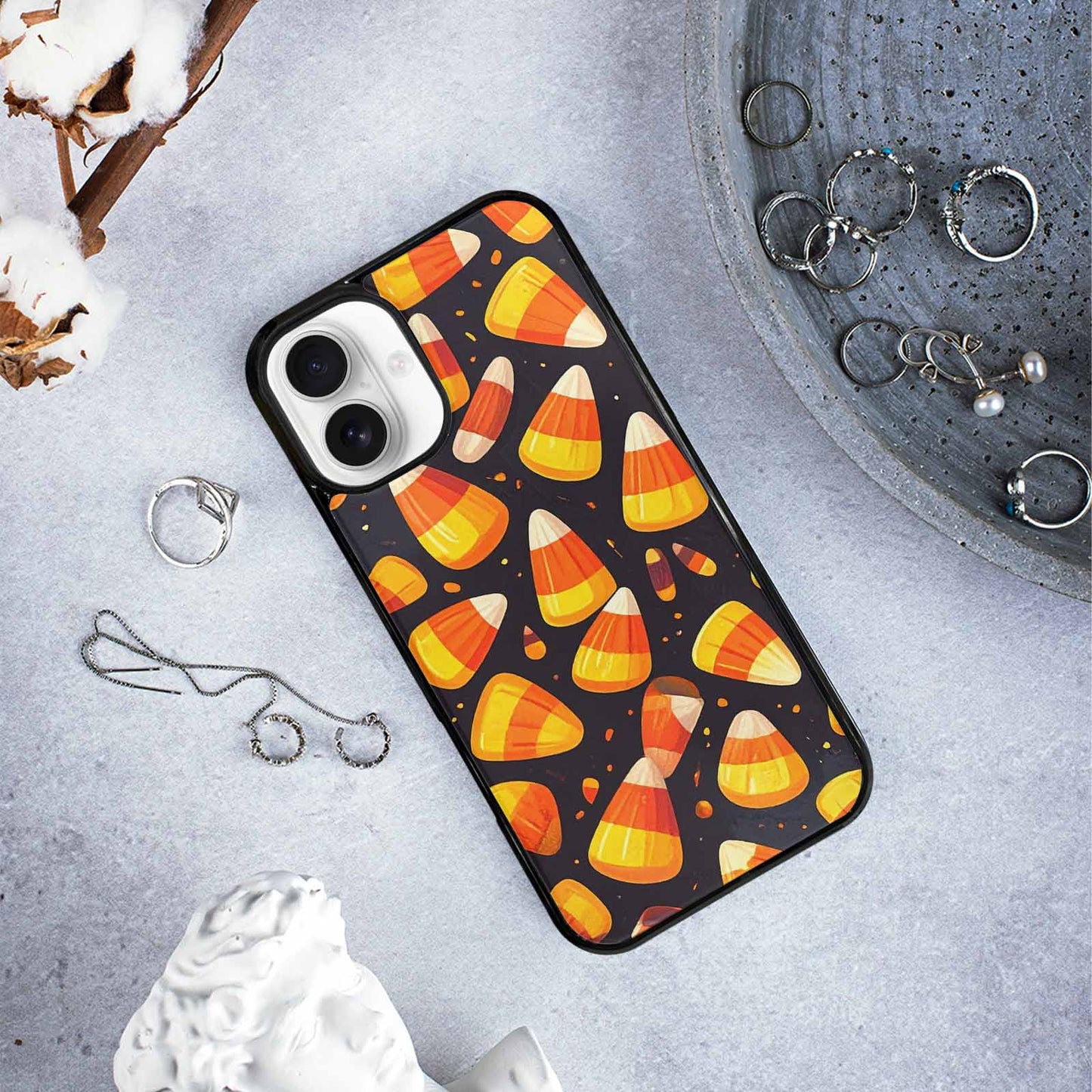iPhone 16 Plus Case — Halloween Candy Corn, Custom Printed Phone Case