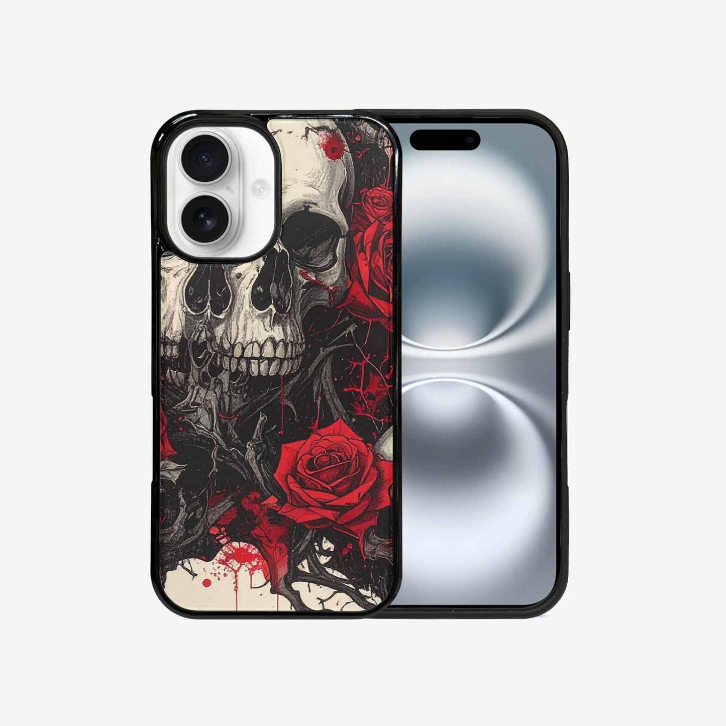 iPhone 16 Case — Skull And Roses Black Red Ink, Custom Printed Phone Case