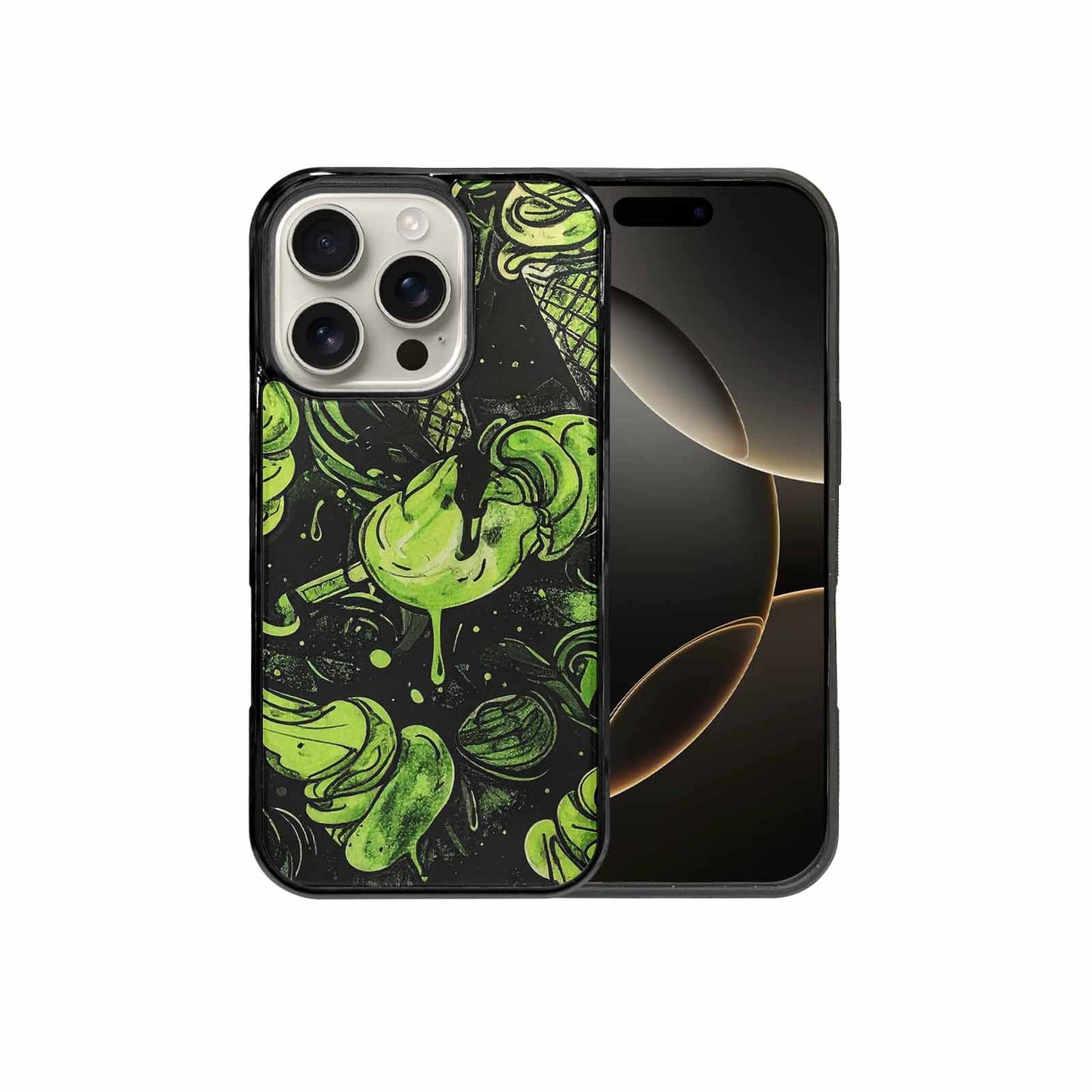 iPhone 16 Pro Case — Ice Cream Motif Black Green Ink, Original Design Phone Case