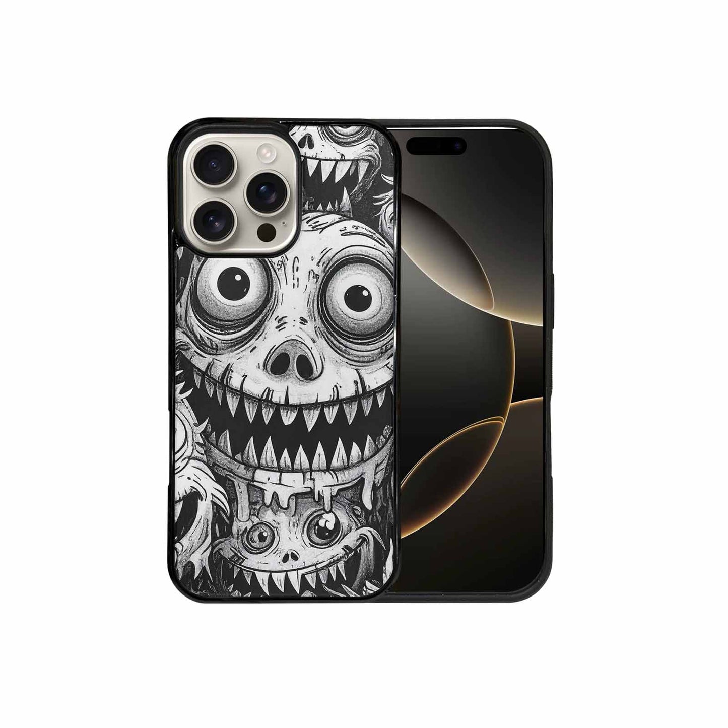iPhone 16 Pro Max Case — Black And White Monster Face Collage, Custom Designed Case Cover