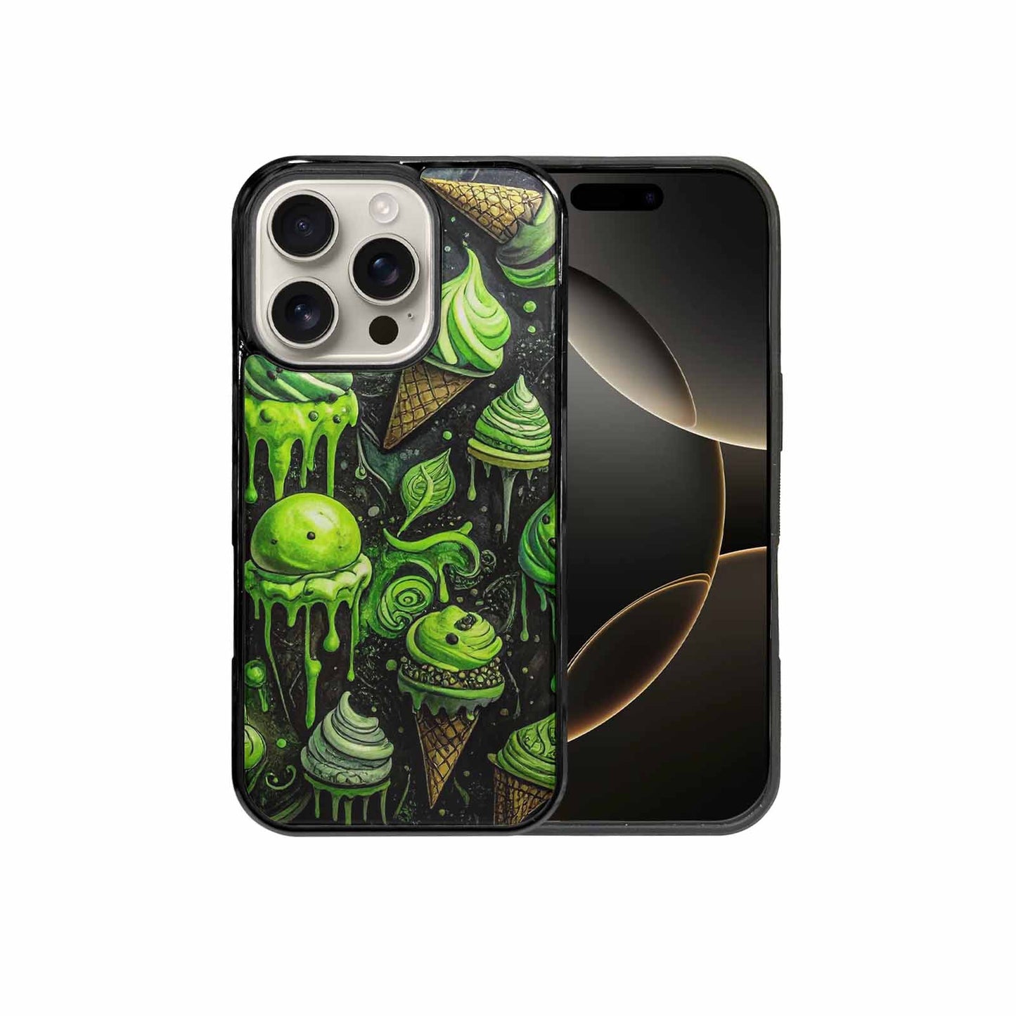 iPhone 16 Pro Case — Ice Cream Motif Black Green Ink, Custom Art Phone Cover