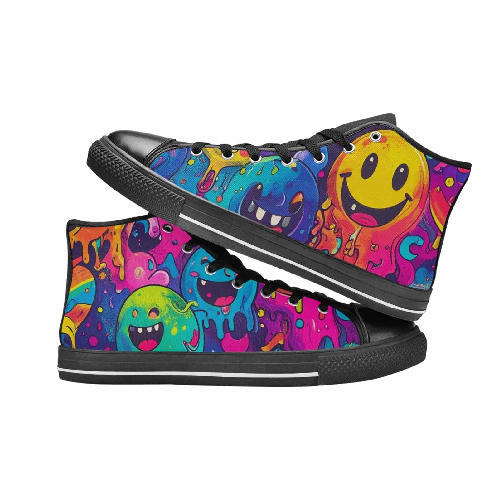 MEN'S Yellow Smiley Face High Top Canvas Grunge Custom Shoes