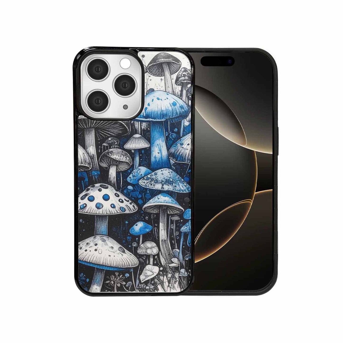 iPhone 15 Pro Max Case — Mushrooms General Black Blue Ink Mushrooms, Personalized Phone Case