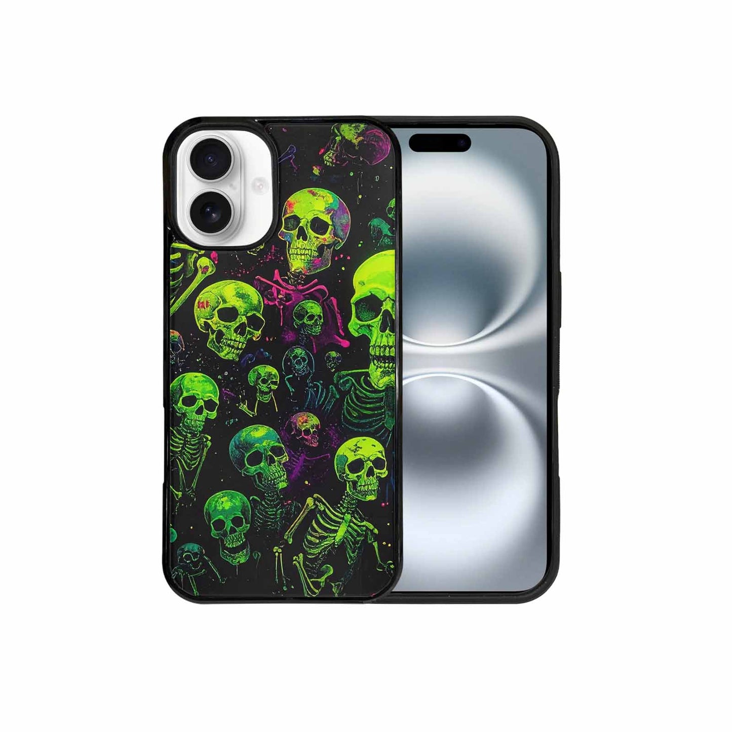 iPhone 16 Plus Case — Skeletons Neon Green Glow Skeletons Pattern, Custom Printed Phone Case