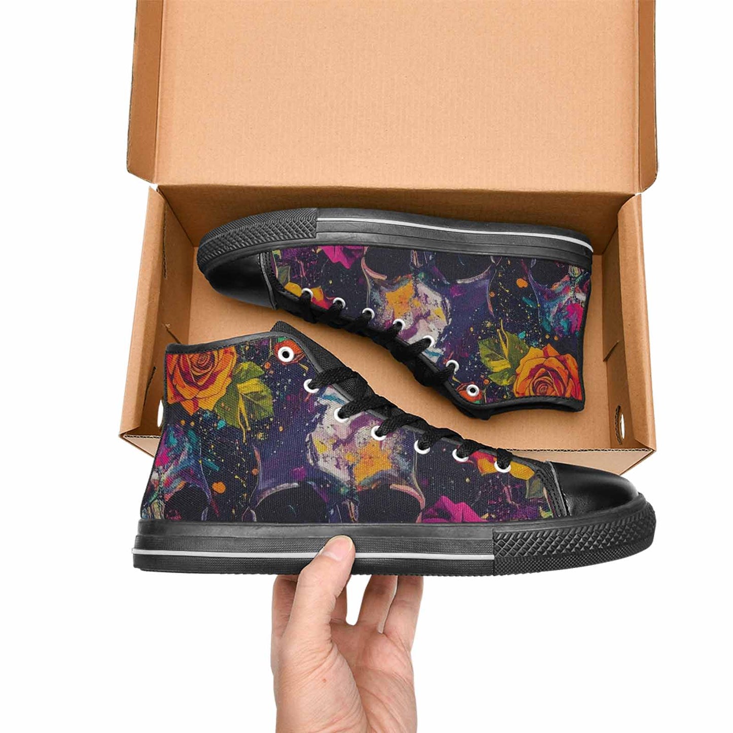 WOMEN'S Skulls Roses Acid Wash High Top Canvas Neon Fantasy Custom Sneakers