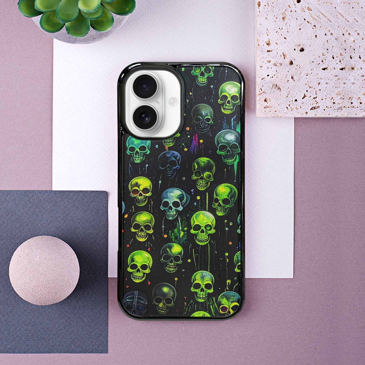 iPhone 16 Case — Skeletons Neon Green Glowskele Egb, Custom Printed Phone Case
