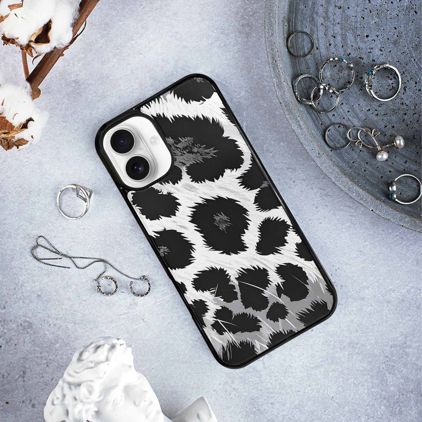 iPhone 16 Plus Case — Leopard Print Black And White Style, Custom Phone Case