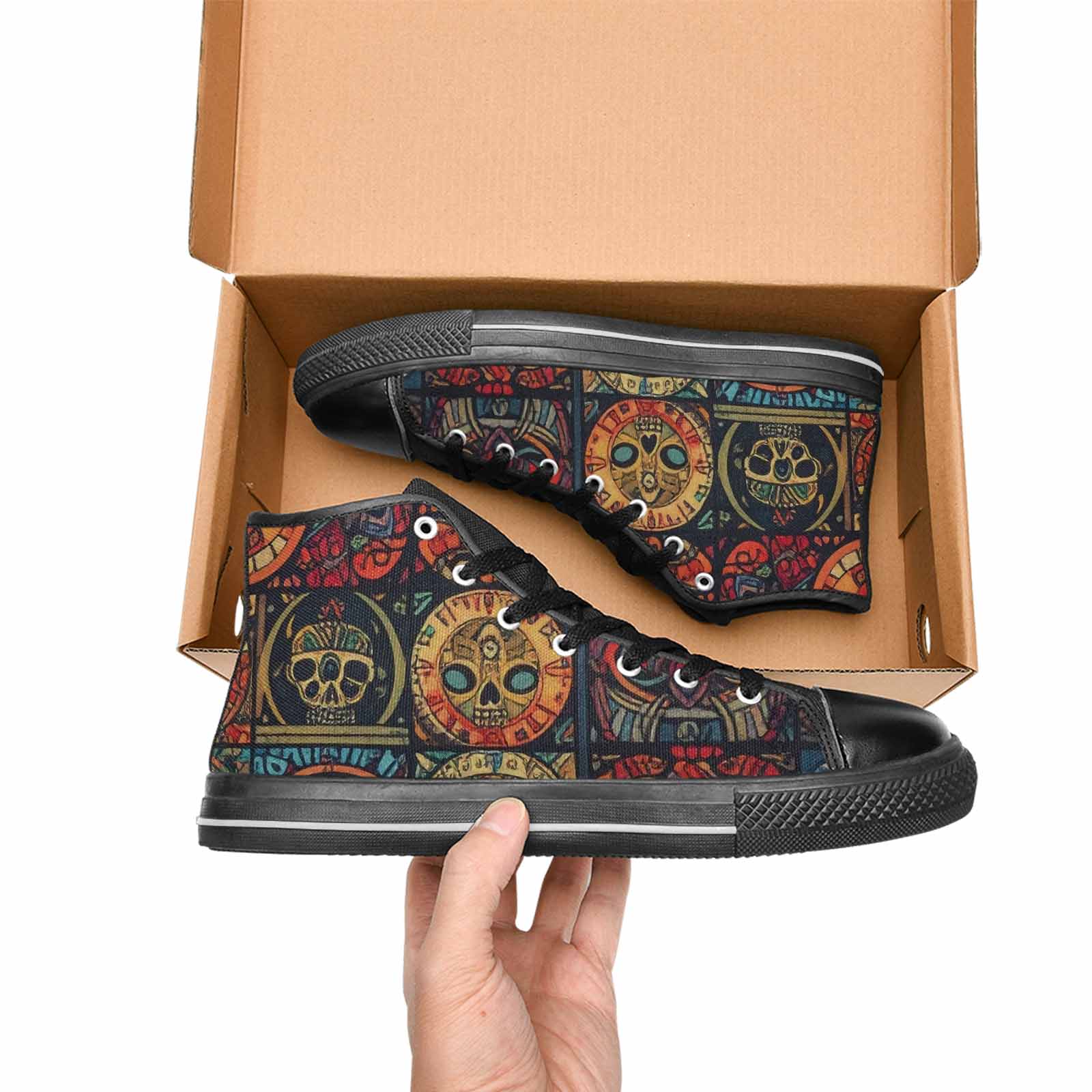 MEN'S Skulls - Tribal-Patterned- High Top Canvas Wallpaper Art Custom Shoes