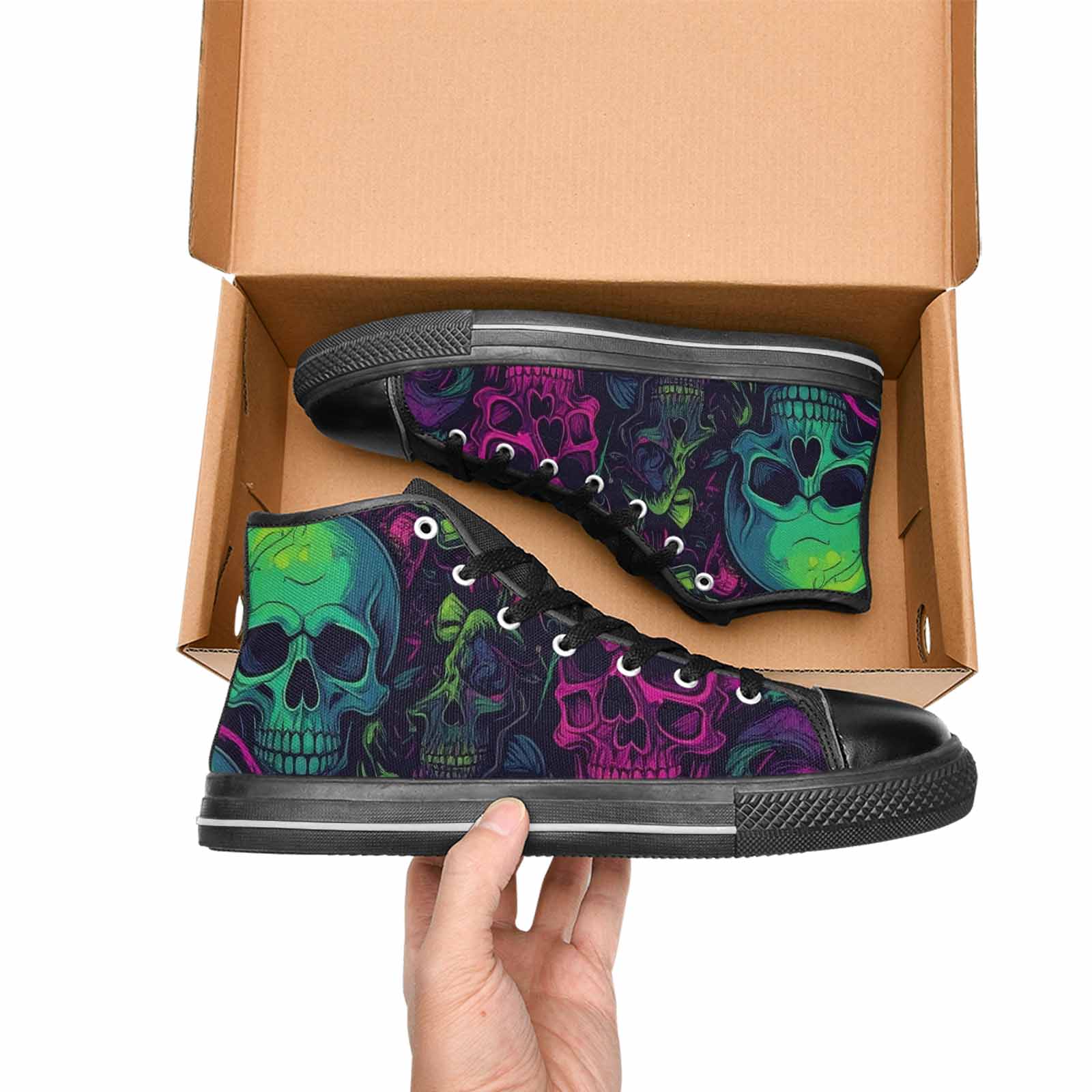 MEN'S Skulls - Neon High Top Canvas Vibrant Chaos Custom Sneakers