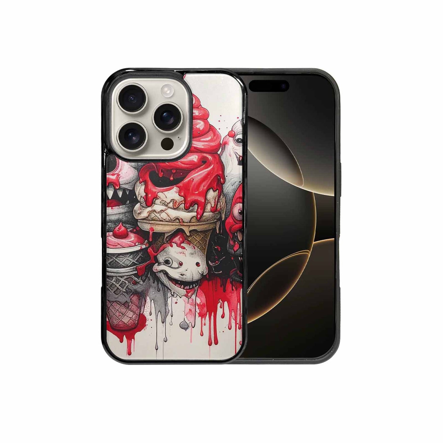iPhone 16 Pro Case — Ice Cream Monsters Black Red Ink, Custom Phone Case