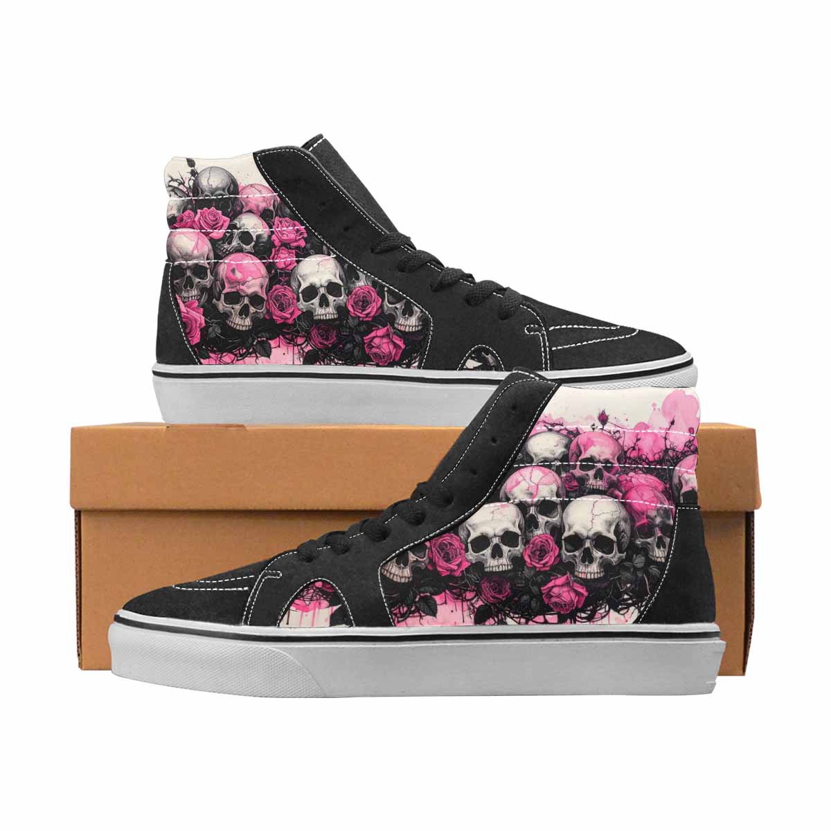 WOMEN'S Skulls Black & Pink Ink High Top Canvas Custom Design Cottagecore Custom Print Sneakers