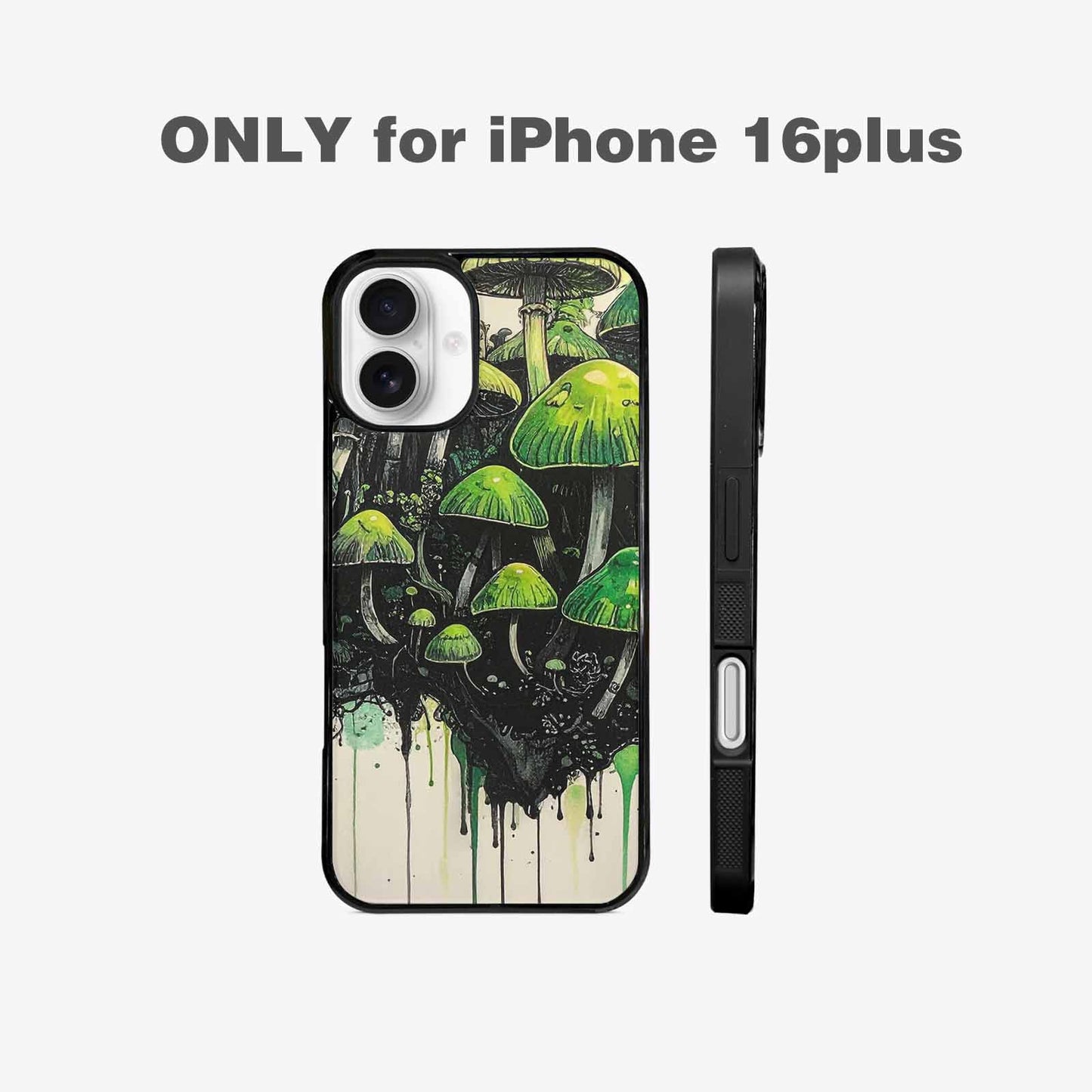 iPhone 16 Plus Case — Rainbow Drip Mushrooms Black Green Ink, Custom Print Case Cover