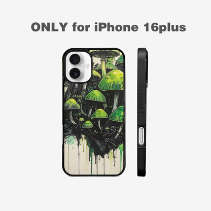 iPhone 16 Plus Case — Rainbow Drip Mushrooms Black Green Ink, Custom Print Case Cover