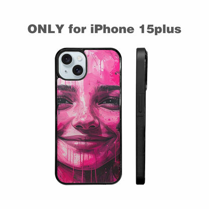 iPhone 15 Plus Case — Melting Moon Smiley Black Pink Ink, Custom Made Phone Cover