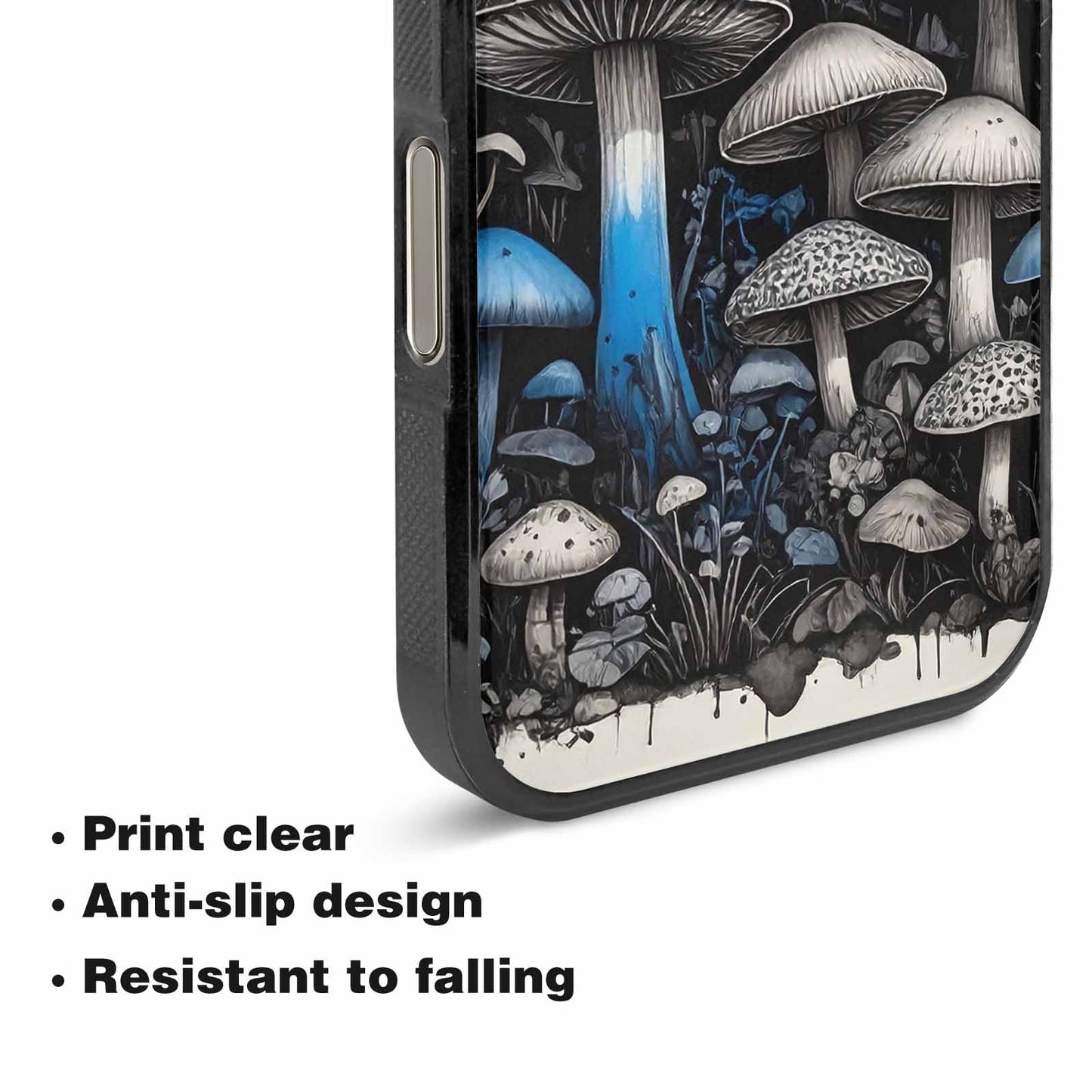 iPhone 16 Pro Max Case — Mushrooms General Black Blue Ink Mushrooms, Custom Printed Phone Case