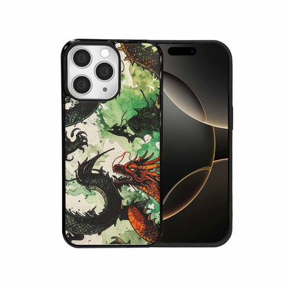 iPhone 15 Pro Max Case — Dragon Scale Black Green Ink Dragons, Unique Phone Case Design