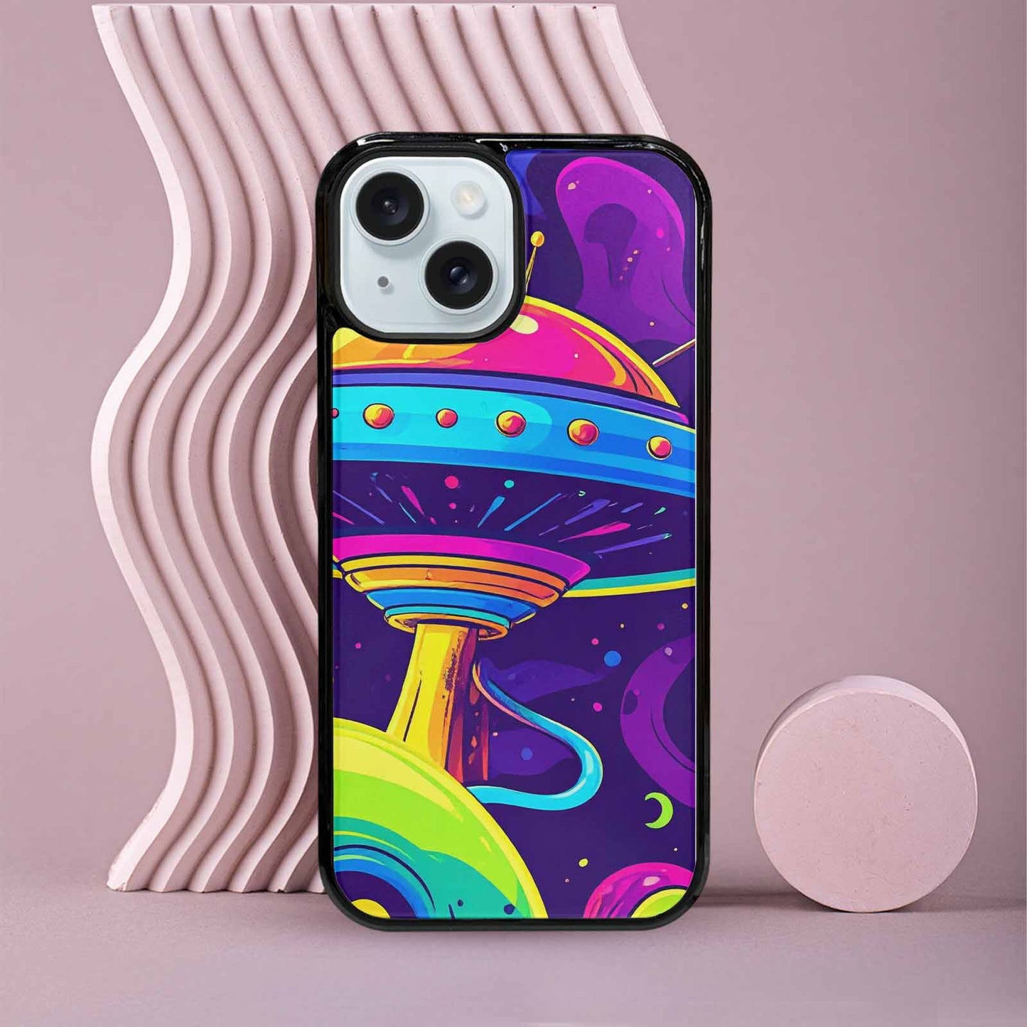 iPhone 15 Case — Alien Ufo Cartoon Art Pattern Groovy, Custom Designed Case Cover