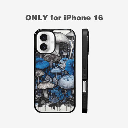 iPhone 16 Case — Mushrooms General Black Blue Ink Mushrooms, Custom Print Case Cover