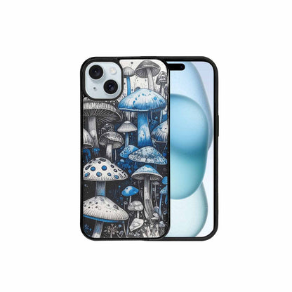 iPhone 15 Plus Case — Mushrooms General Black Blue Ink Mushrooms, Custom Printed Phone Case