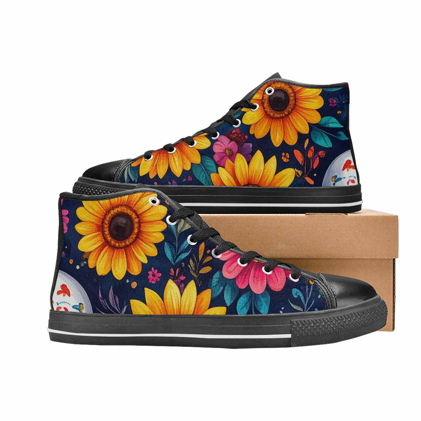 WOMEN'S Sunflower Skulls Print High Top Canvas Vivid Custom Shoes