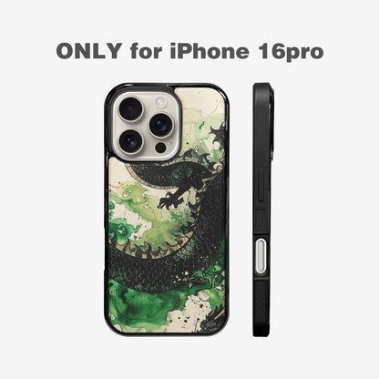 iPhone 16 Pro Case — Dragon Scale Black Green Ink Dragons, Original Design Phone Case