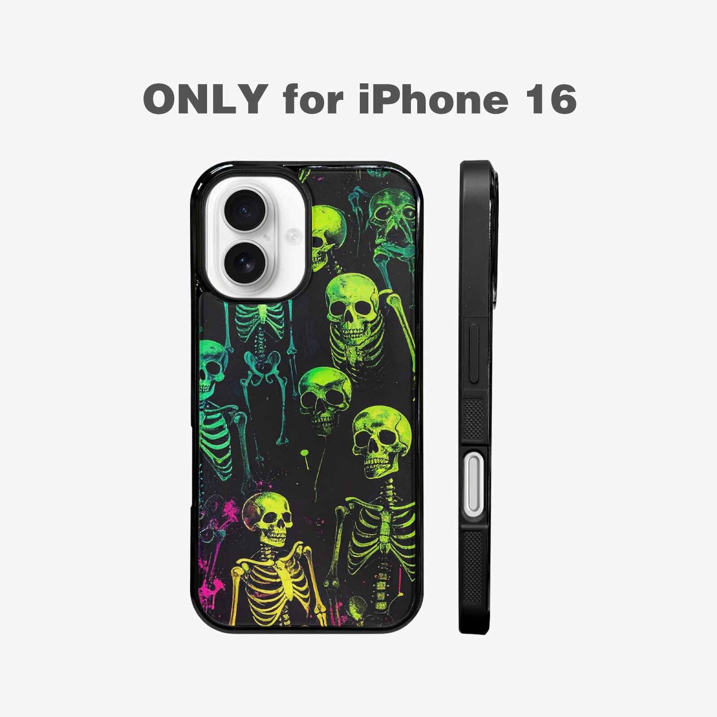 iPhone 16 Case — Skeletons Neon Green Glowskele, Custom Made Phone Cover