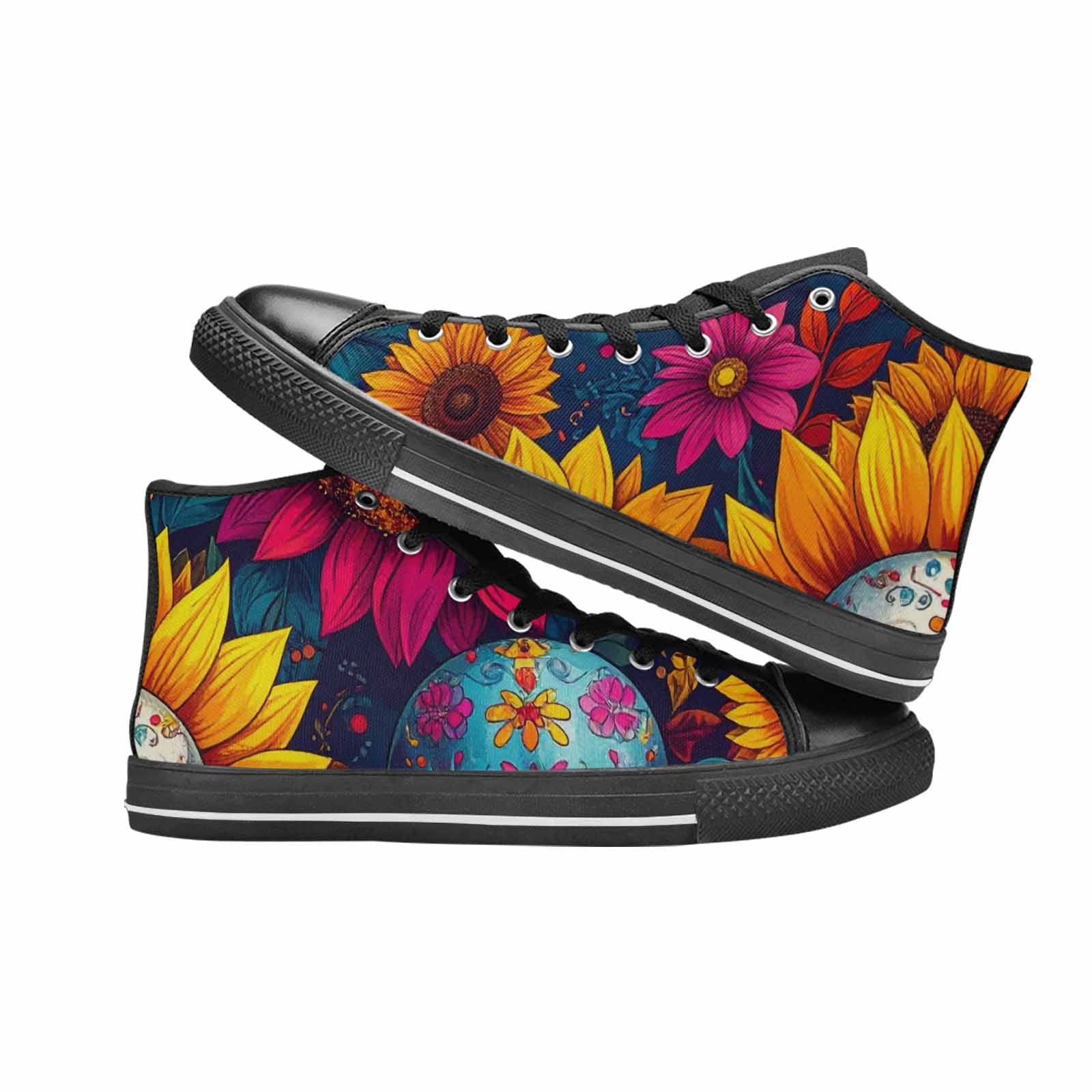WOMEN'S Sunflower Skulls Print High Top Canvas Wallpaper Art Sneakers