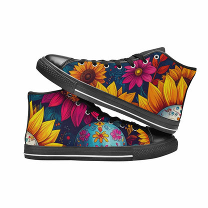 WOMEN'S Sunflower Skulls Print High Top Canvas Wallpaper Art Sneakers