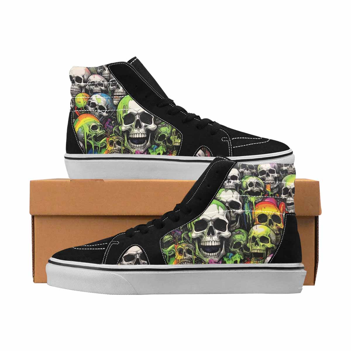 MEN'S Skulls Black & Green Ink High Top Canvas Streetwear Melting Art Custom Canvas Shoes