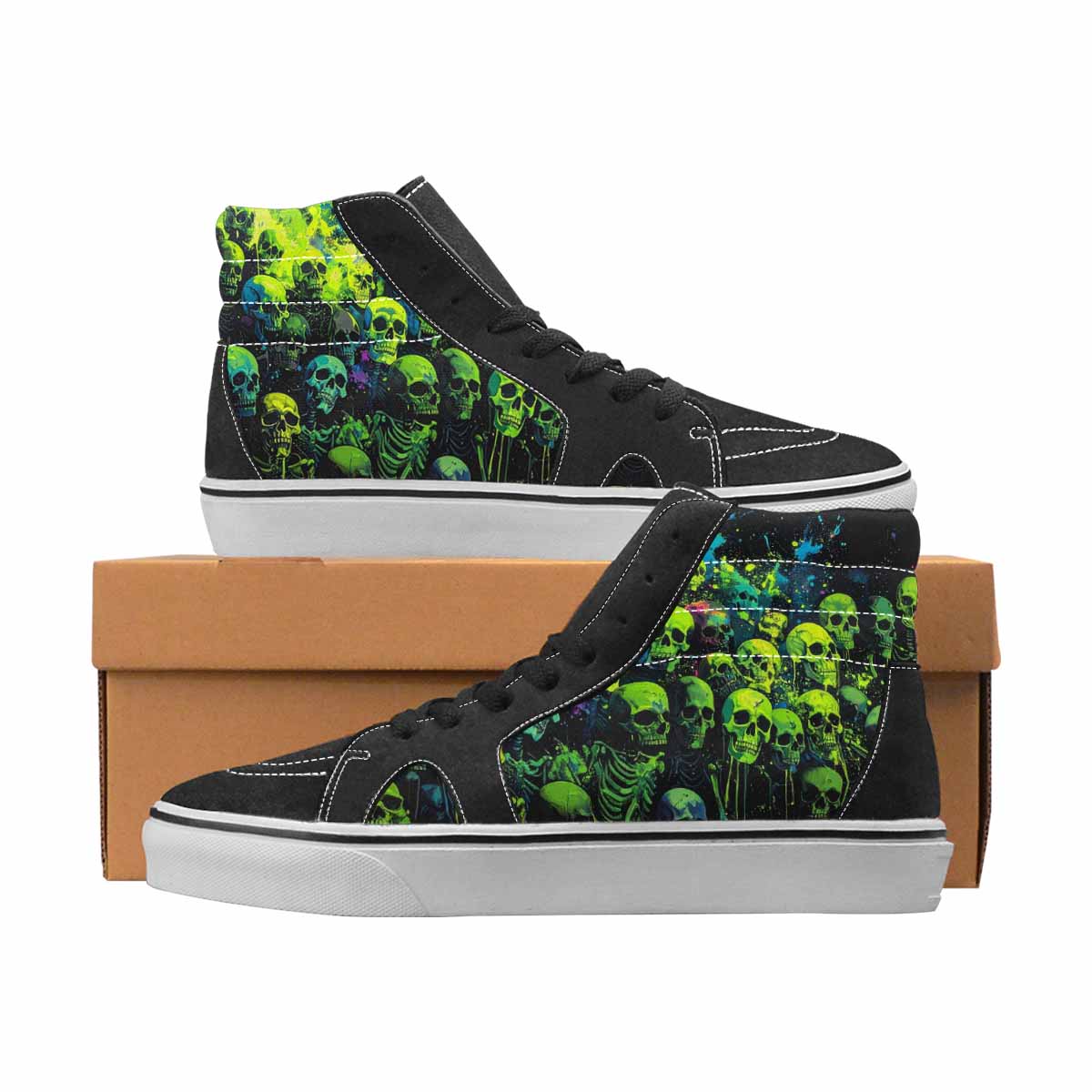 WOMEN'S Skulls Neon Green Glow High Top Canvas Statement Wallpaper Art Customized Sneakers