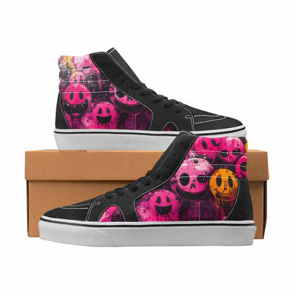 WOMEN'S Smiley Face Black & Pink Ink High Top Canvas Custom Fashion Cottagecore Sneakers
