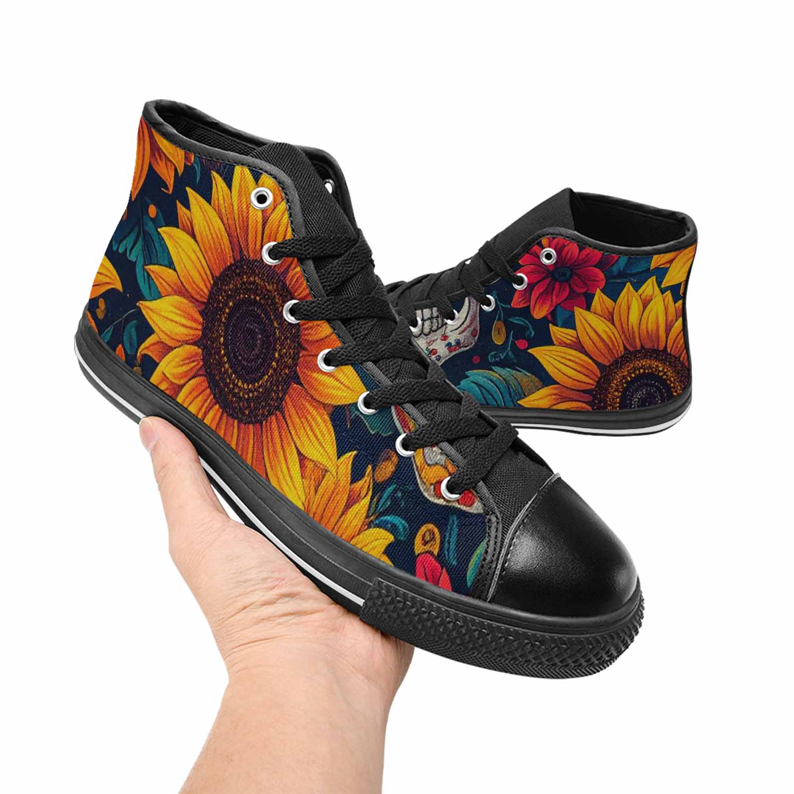 WOMEN'S Sunflower Skulls Print High Top Canvas Dreamcore Custom Sneakers
