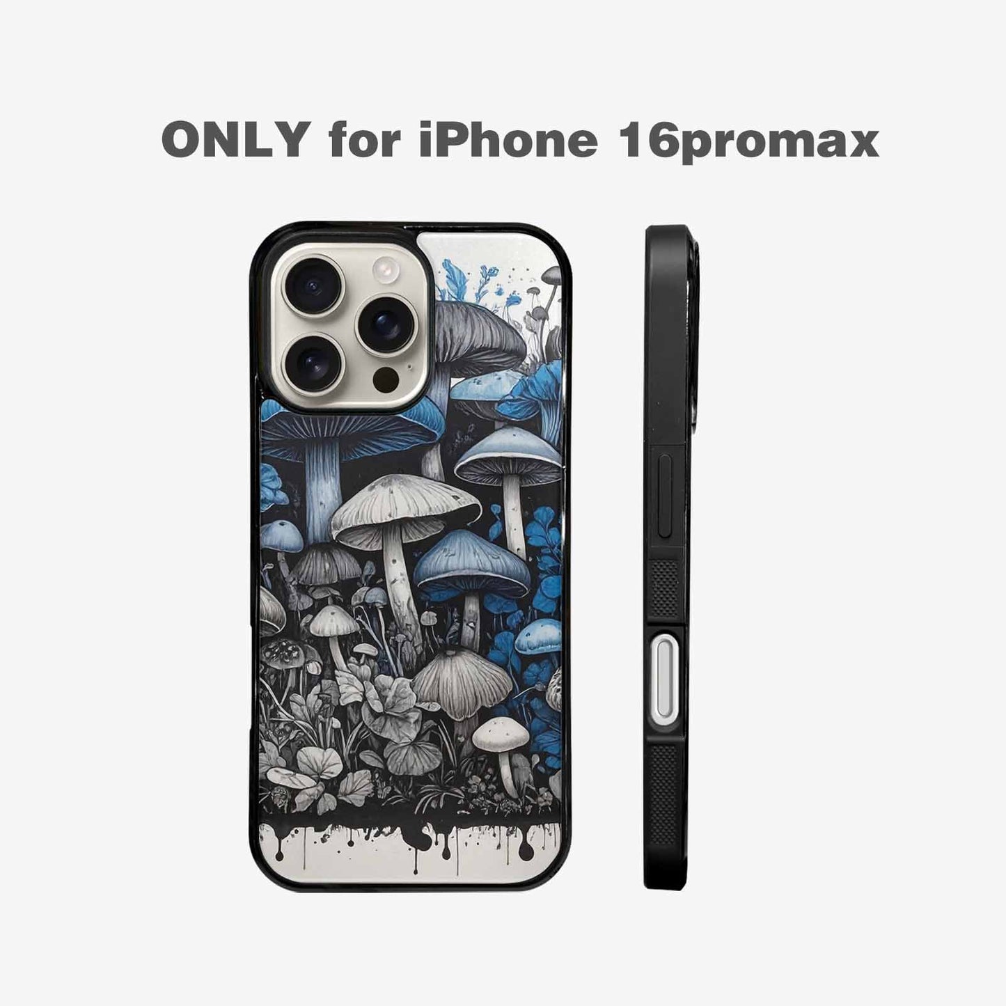 iPhone 16 Pro Max Case — Mushrooms General Black Blue Ink Mushrooms, Custom Made Phone Cover