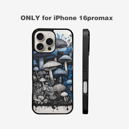 iPhone 16 Pro Max Case — Mushrooms General Black Blue Ink Mushrooms, Custom Made Phone Cover