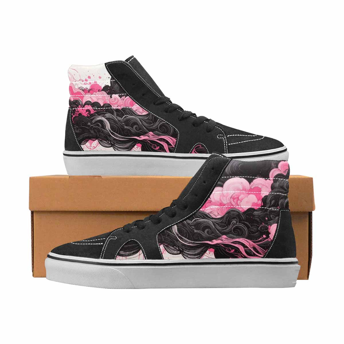 WOMEN'S Van Gogh Black & Pink Ink High Top Canvas One Of A Kind Surreal Custom Print Sneakers