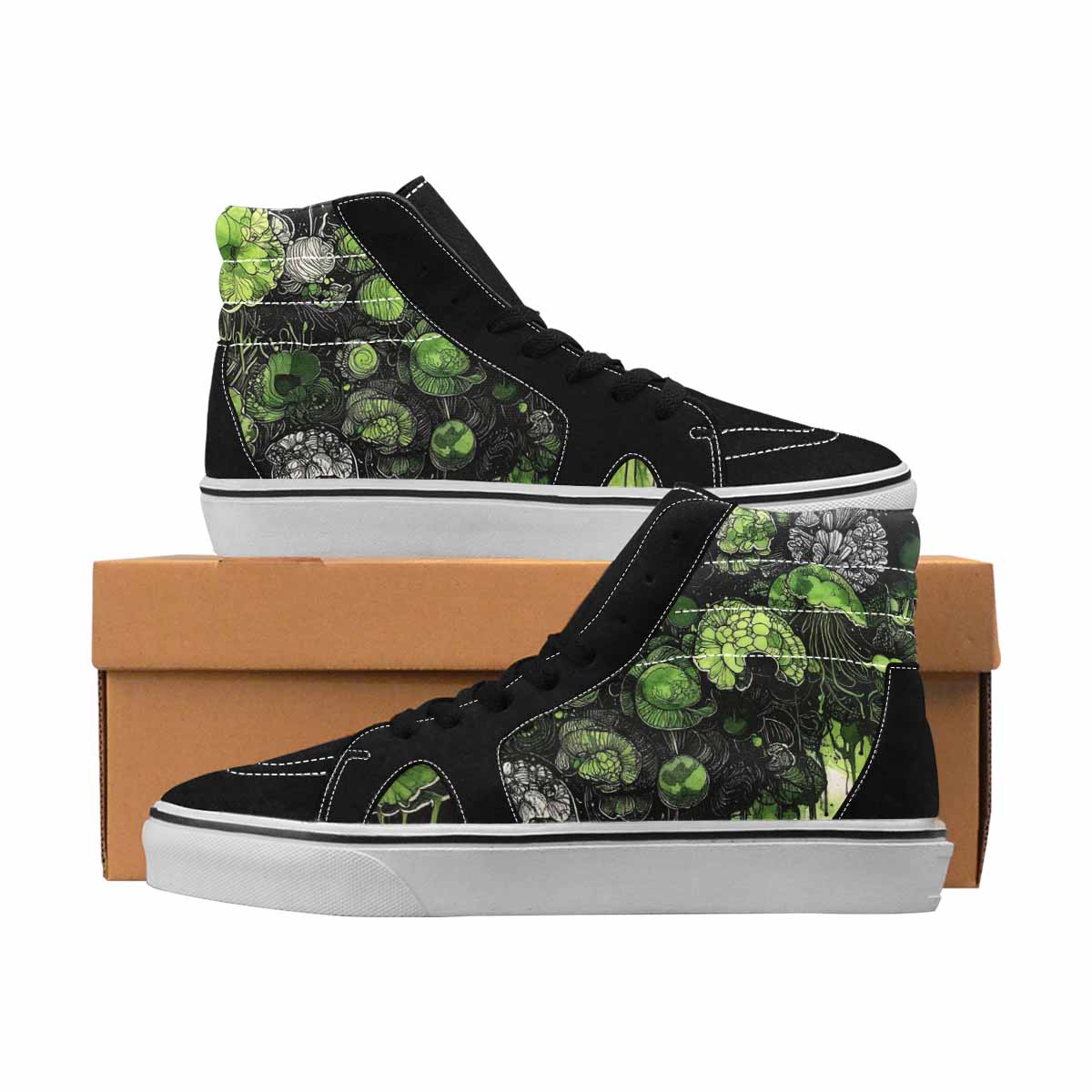 MEN'S Sea Creatures Black & Green Ink High Top Canvas Artist-designed Dark Academia Custom Sneakers