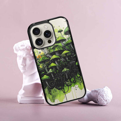 iPhone 16 Pro Case — Rainbow Drip Mushrooms Black Green Ink, Custom Phone Case