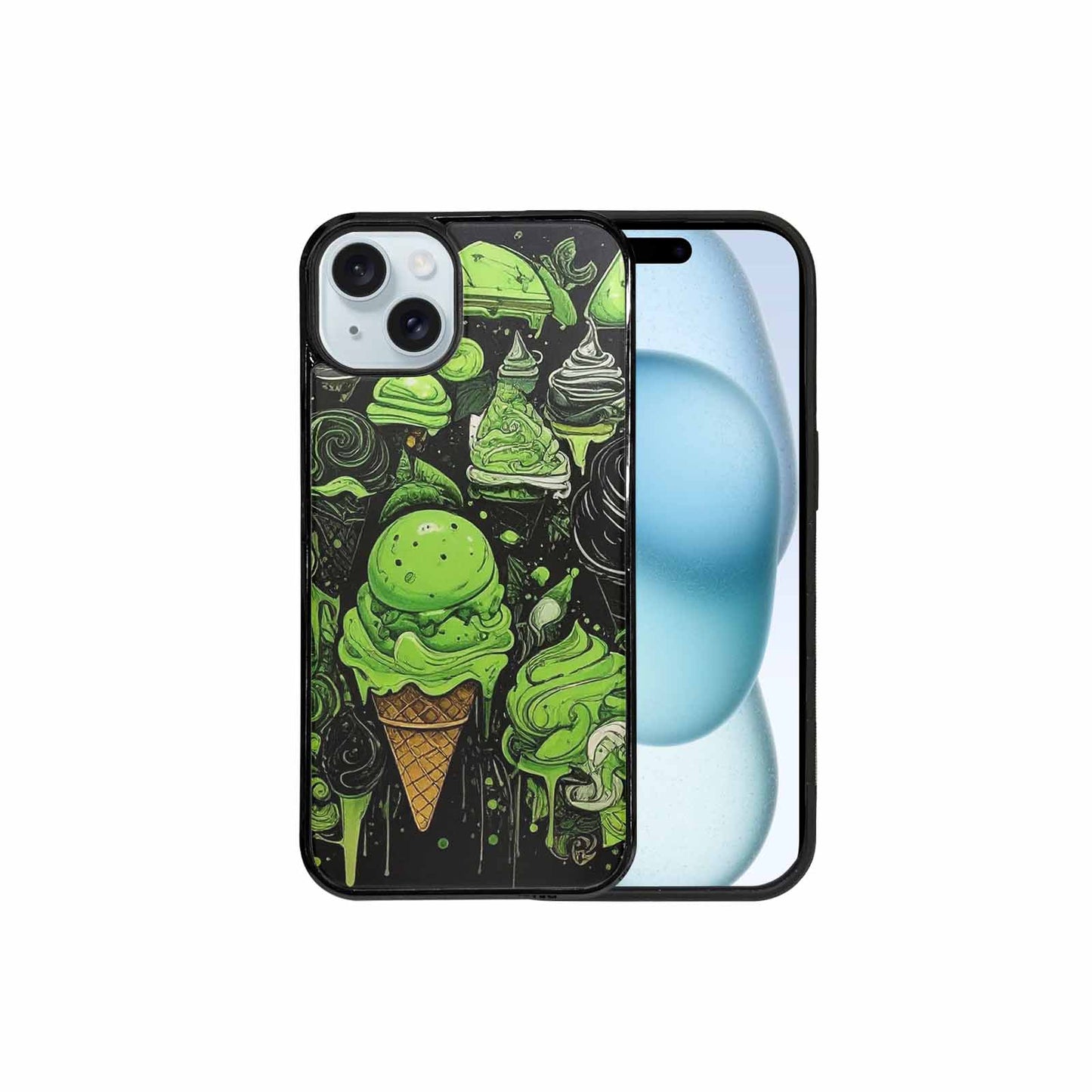 iPhone 15 Plus Case — Ice Cream Motif Black Green Ink, Original Design Phone Case