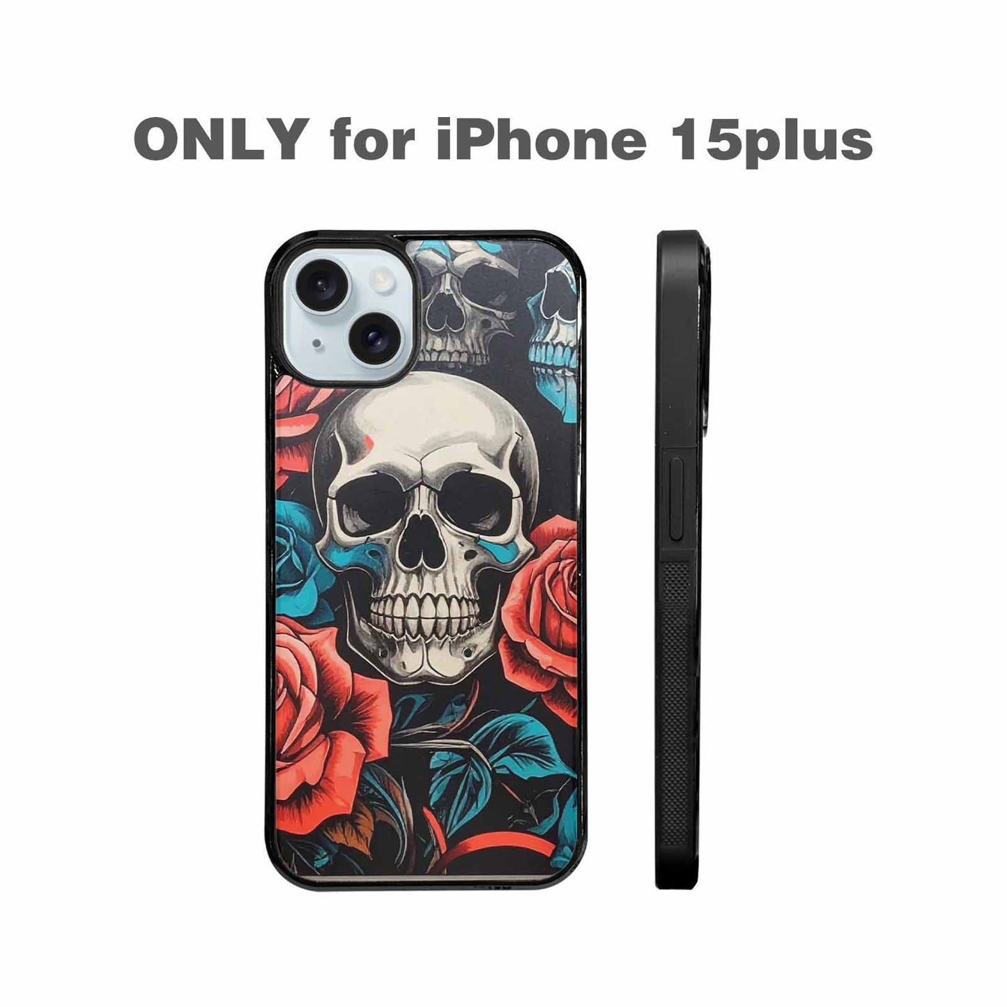 iPhone 15 Plus Case — Skulls Roses Biker Tattoo, Custom Made Phone Cover