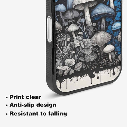 iPhone 16 Case — Mushrooms General Black Blue Ink Mushrooms, Unique Phone Case Design