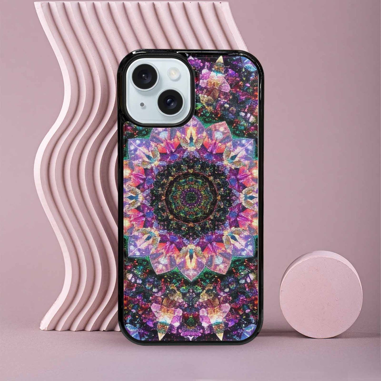 iPhone 15 Case — Crystal Mandala Art Seamless Pattern Vibrant, Custom Phone Case