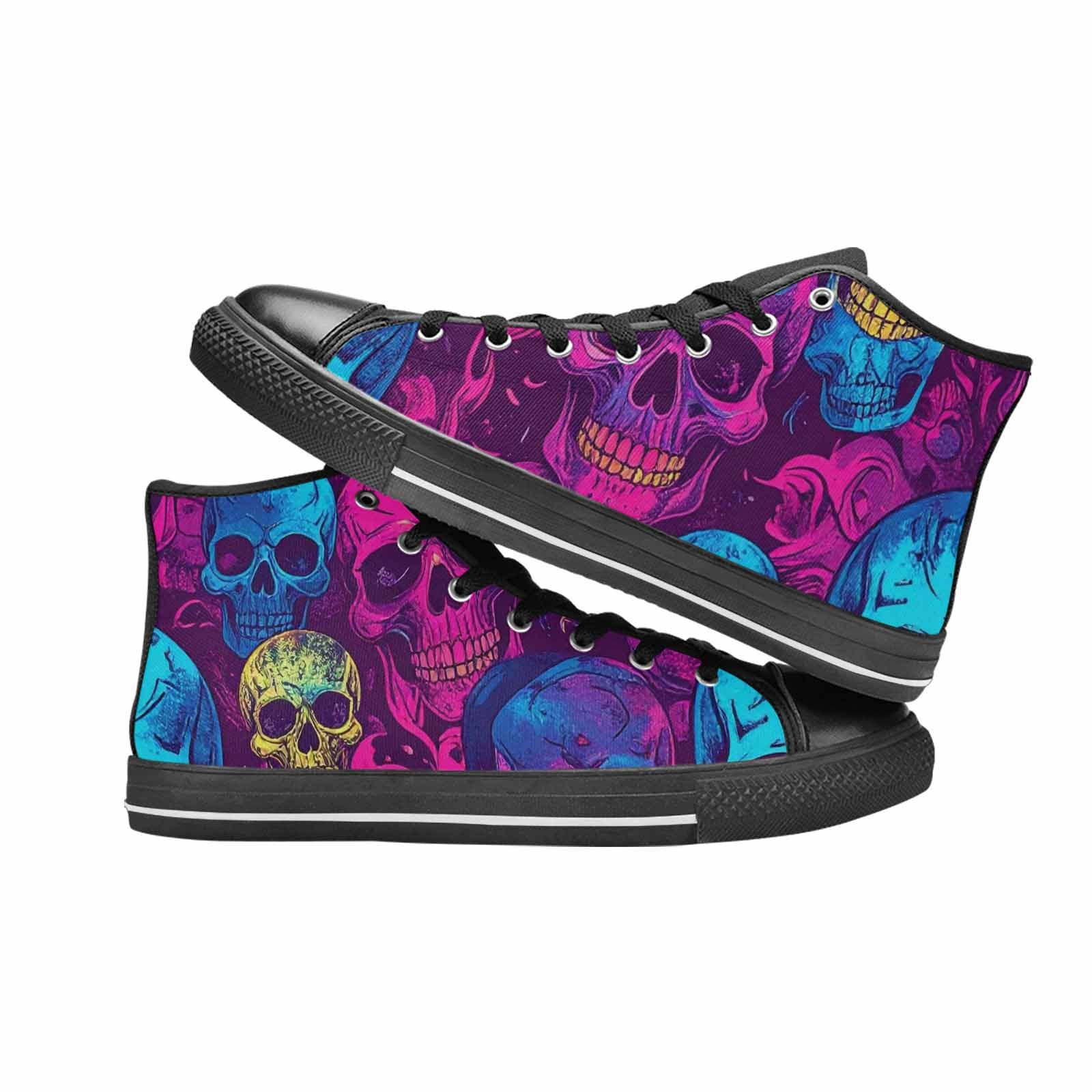 WOMEN'S Tie Dye Skulls Print High Top Canvas Neon Fantasy Shoes