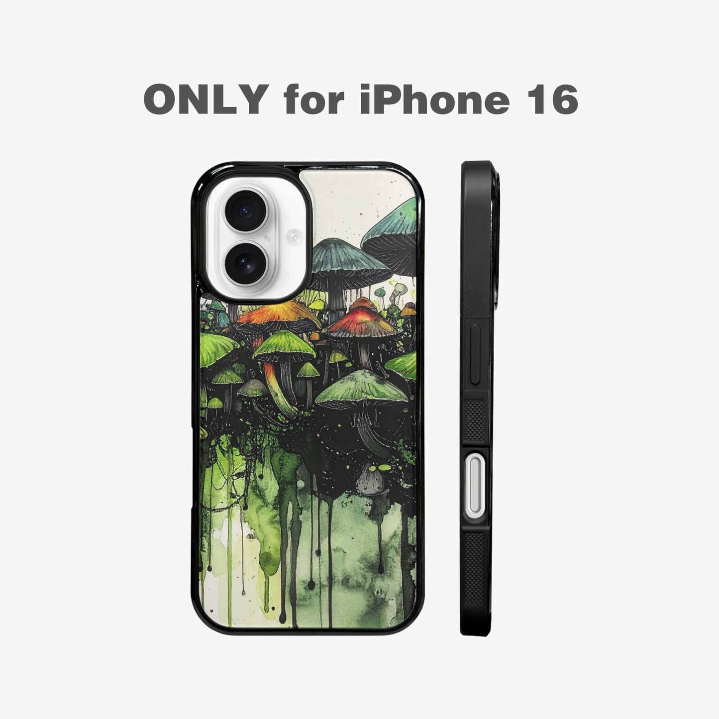 iPhone 16 Case — Rainbow Drip Mushrooms Black Green Ink, Customized Protective Case