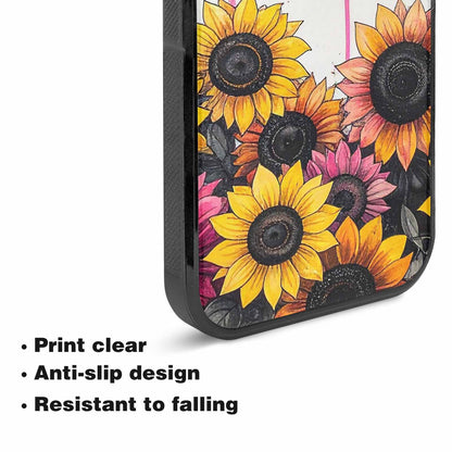 iPhone 15 Plus Case — Sunflower Burst Black Pink Ink Sunflowers, Custom Phone Case