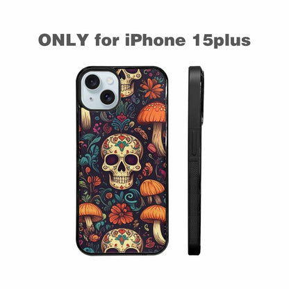 iPhone 15 Plus Case — Mushrooms And Skulls, Custom Made Phone Cover