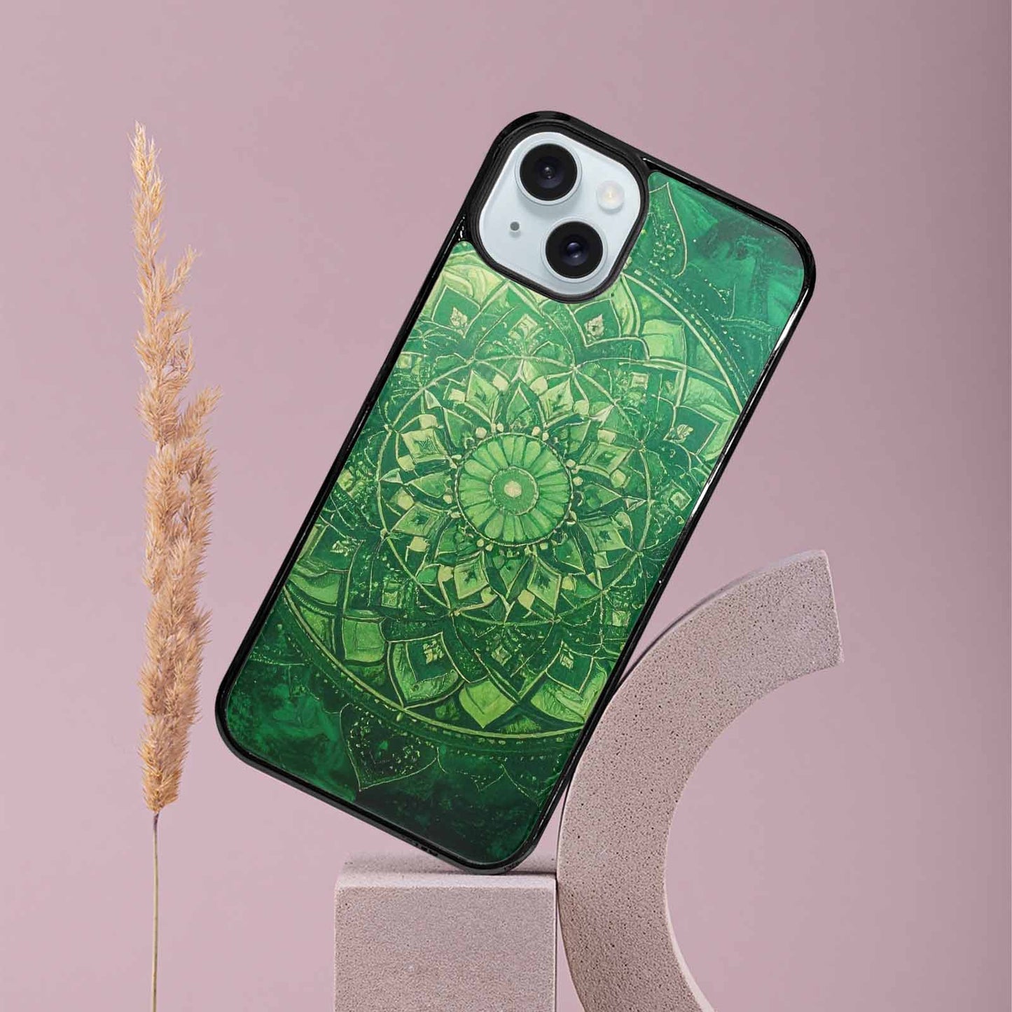 iPhone 15 Plus Case — Green Mandala Bohemian Print Edge To, Original Design Phone Case