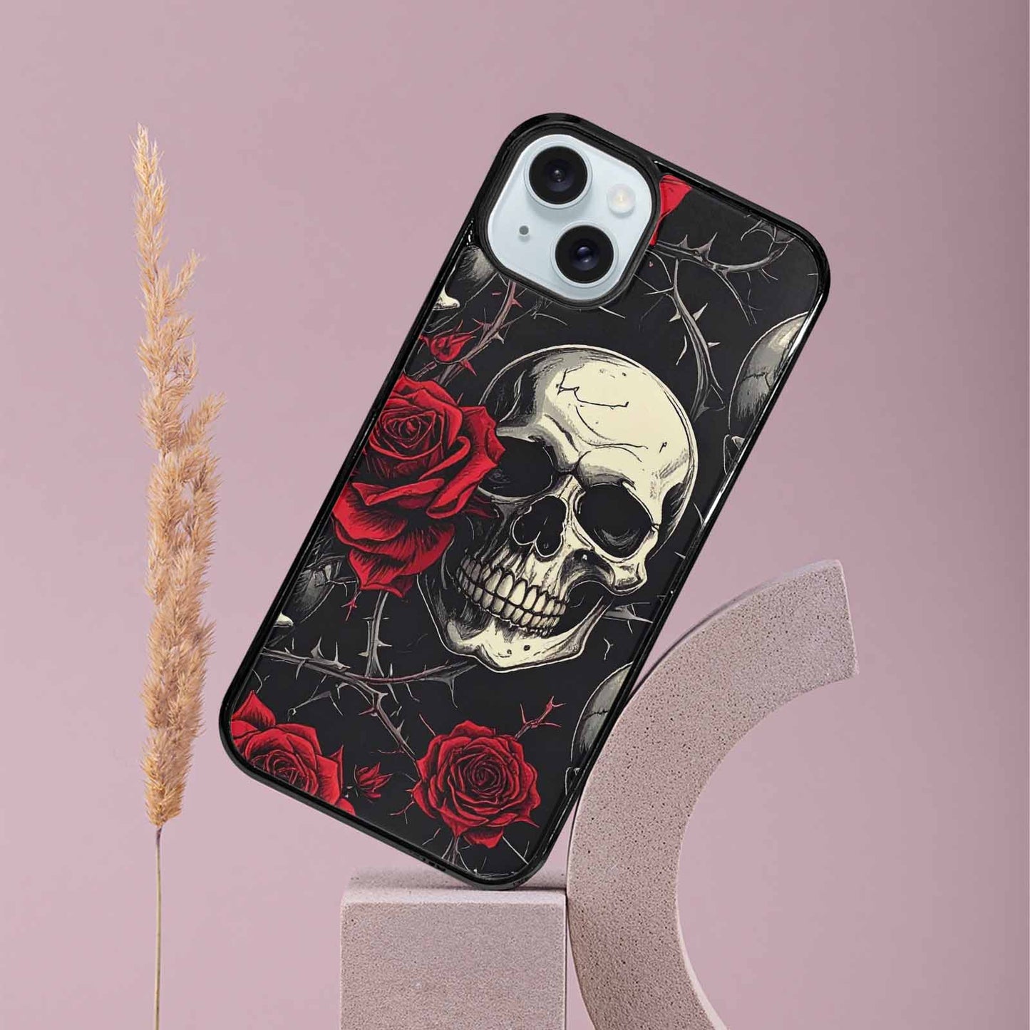 iPhone 15 Plus Case — Ornate Gothic Skulls Roses, Custom Printed Phone Case