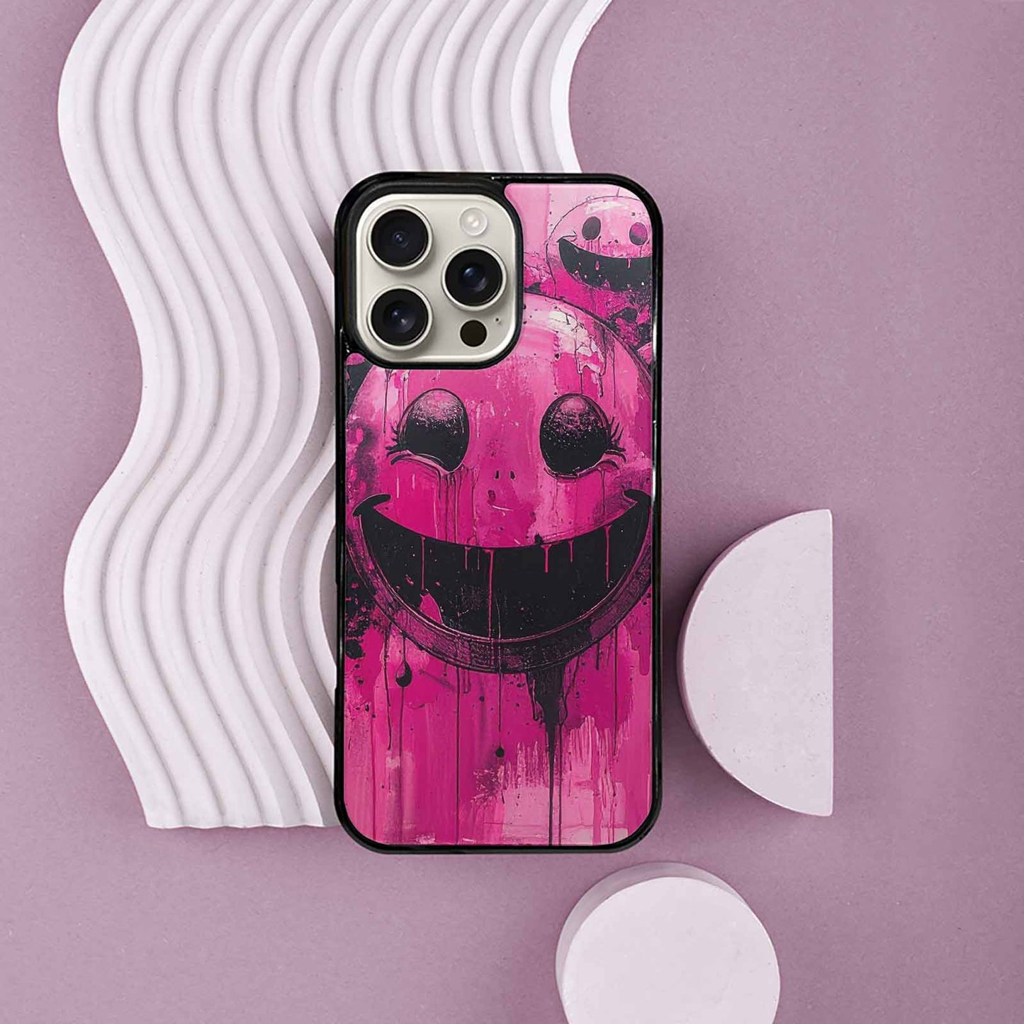 iPhone 16 Pro Max Case — Melting Moon Smiley Black Pink Ink, Personalized Phone Case