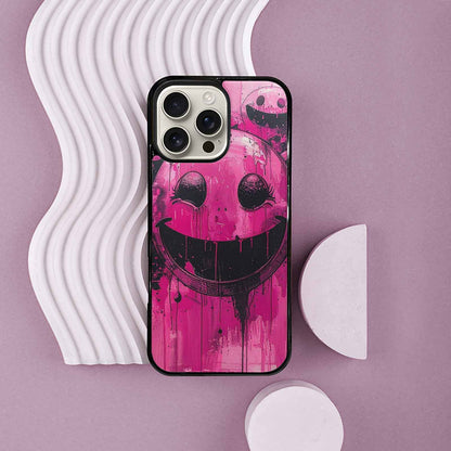 iPhone 16 Pro Max Case — Melting Moon Smiley Black Pink Ink, Personalized Phone Case