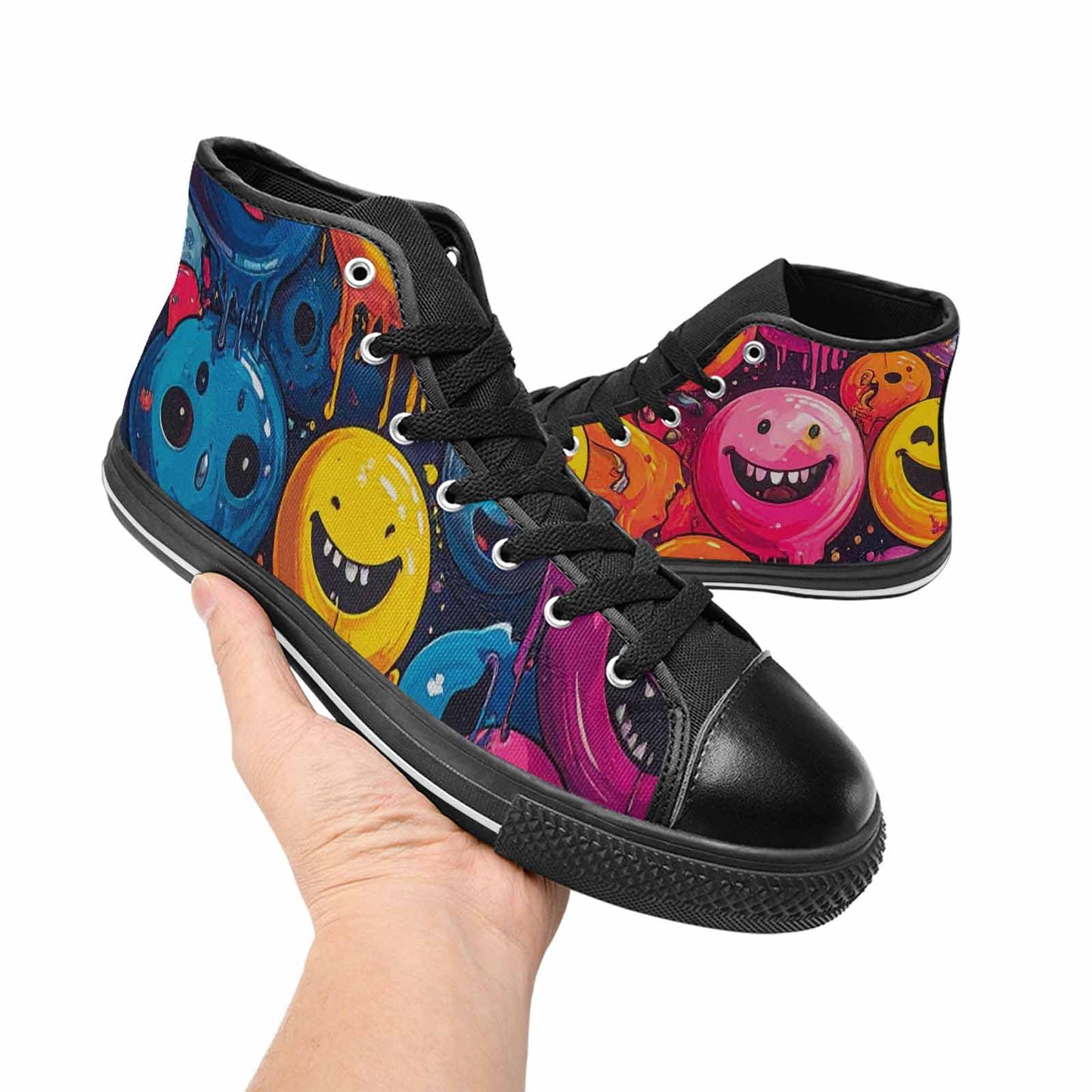 MEN'S Yellow Smiley Face High Top Canvas Neon Fantasy Shoes